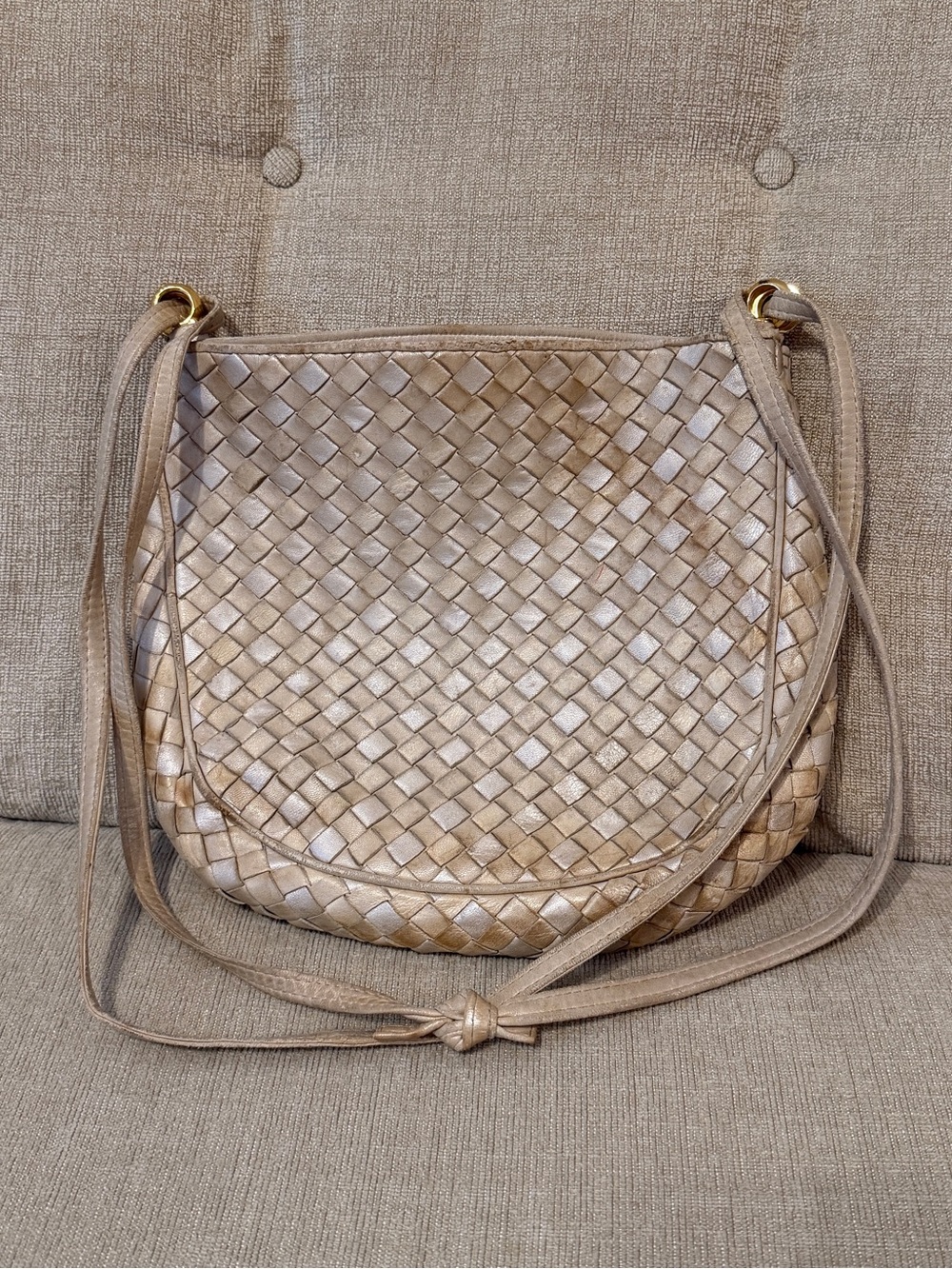 Bottega Veneta Metallic Taupe Woven Crossbody Bag